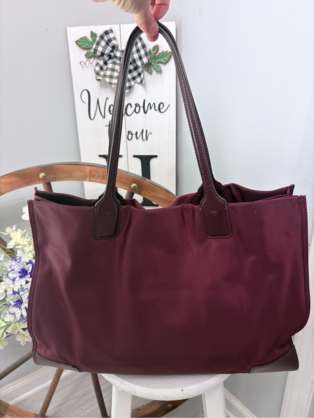 Tory Burch Maroon Nylon Logo Tote with Dark Brown Trim - Picture 2 of 9